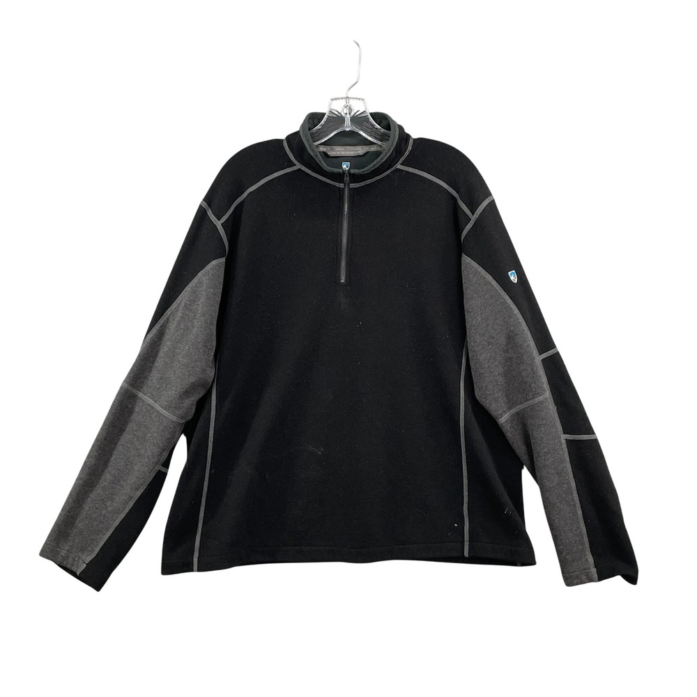 Kuhl Mens XL Quarter Zip Fleece Pullover Black Grey Shield Logo Outdoor Sweater